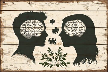 Sticker - Mental capability Brain activity Artistic representation of two human profiles with tree shaped brains symbolizing intellectual growth organic thought and connection to nature