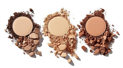 Flat Lay of Four Different Shades of Foundation on a White Background: Featuring One Lightest Shade in the Center and Three Medium Tones on Either Side. The Powder is Spread Out in an Aesthetically Pl