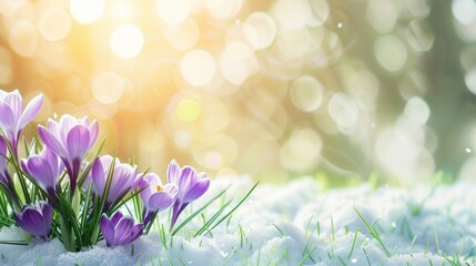 Wall Mural - Purple Crocuses Blooming in the Snow