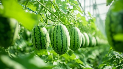 A thriving watermelon plantation in a tropical setting, with rows of lush, green plants and ripe melons visible through the netting support, emphasizing the natural growth and healthy harvest