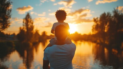 Sticker - Father and Son Silhouette at Sunset by a Lake