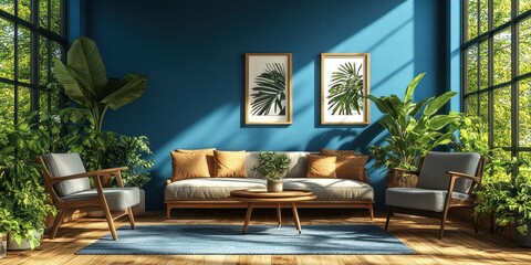 Canvas Print - Modern Living Room Interior Design with Blue Walls, Plants, and Natural Light