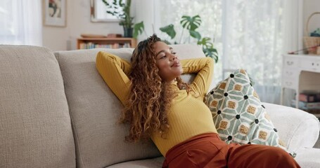 Wall Mural - Woman, smile and rest on living room sofa for weekend break and tired in home. Relax, stretch and student ready for nap on couch in house with peace, sleep and chilling in lounge for self care