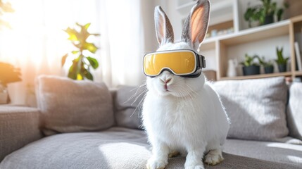 White Rabbit Wearing Yellow Goggles on a Sofa