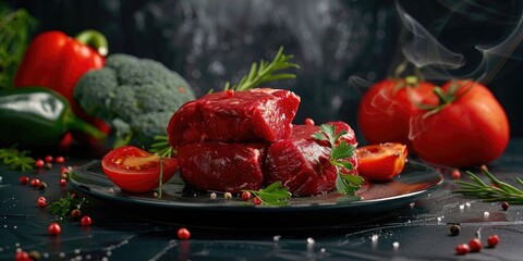 Poster - Raw beef steaks accompanied by lively red bell pepper.