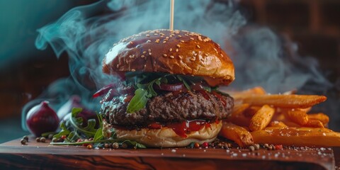 Poster - Close-up of a mouthwatering beef burger topped with caramelized onions, beetroot, arugula, and wasabi sauce, accompanied by French fries on a wooden cutting board, enveloped in smoke. An enticing