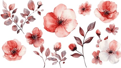 Poster - A collection of watercolor flowers in various shades of pink and white