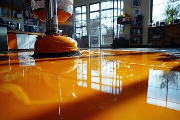 A floor cleaning machine scrubs a tiled floor, leaving behind a wet, shiny surface. The orange cleaning solution reflects the sunlight streaming through the nearby windows.