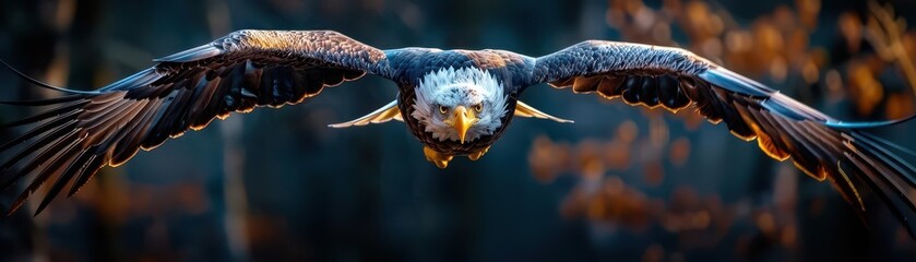 Eagle in flight with wings spread, powerful and majestic, Nature, Cool tones, Photograph, Wildlife detail