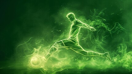 A dynamic neon green silhouette of a soccer player kicking a ball, surrounded by swirling green smoke. The energetic pose and bright colors create a vivid and futuristic sports scene against a dark