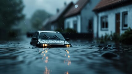 Flooded Street with Car Submerged in Water During Heavy Rainstorm in Residential Neighborhood