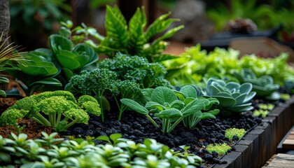 Herb garden with diverse plants, lush and fragrant, Botanical, Soft greens, Photograph, Culinary garden