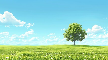 A clean landscape illustration of a grassy field with a single tree and a bright blue sky, using simple shapes and flat colors. 8k UHD, suitable for high-quality printing or digital display. 