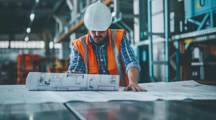 Construction worker examining blueprint in a factory.