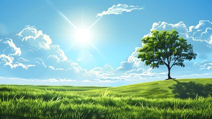 A clean landscape illustration of a grassy field with a single tree and a bright blue sky, using simple shapes and flat colors. 8k UHD, suitable for high-quality printing or digital display. 