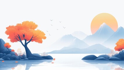 Poster - A beautiful mountain landscape with a tree in the foreground