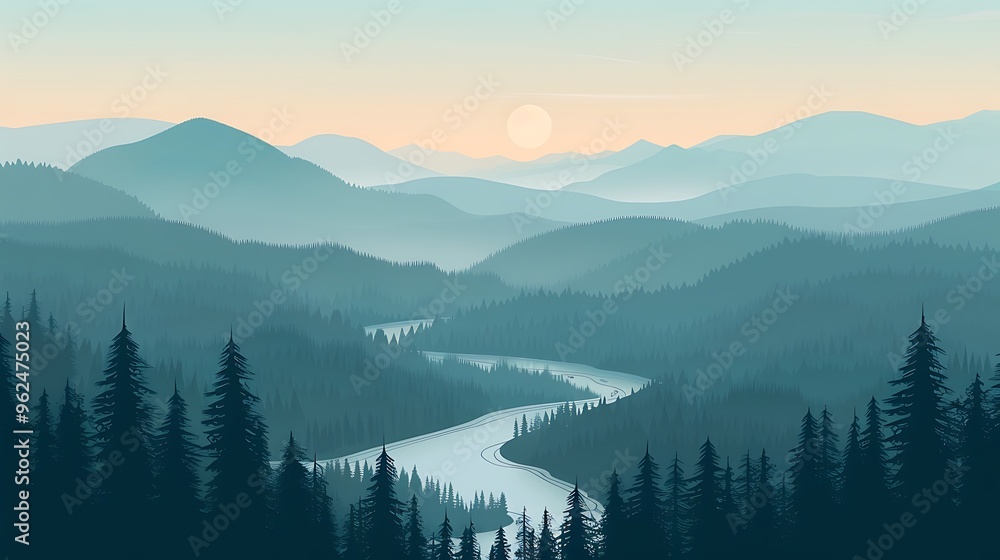 A serene landscape with a river winding through a forest, depicted with ...