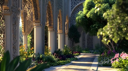 Canvas Print - A Tranquil Courtyard with Elaborate Arches and Lush Greenery