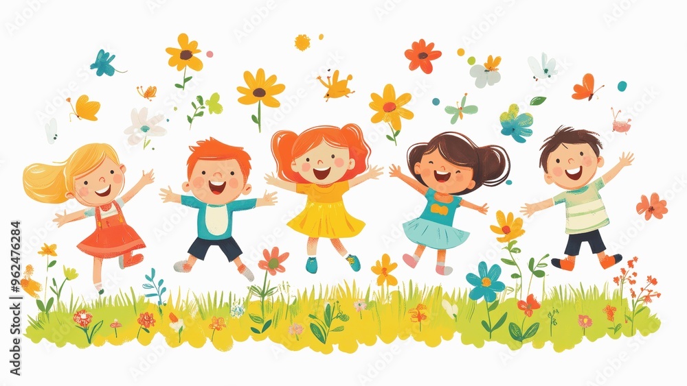 A group of children are playing in a field of flowers Stock ...
