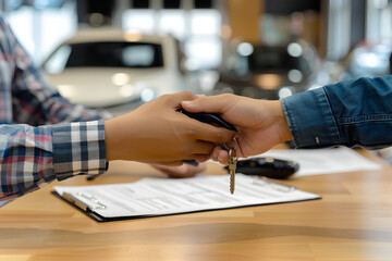  businessman handing over the car keys to his customer while sitting at an office desk