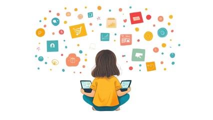 Fototapete - A girl is sitting on the floor with two tablets in her hands