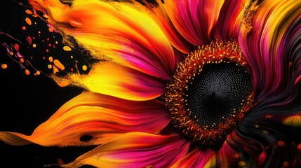 Dynamic sunflower bloom with swirling orange, yellow, and pink splashes, creating vibrant beauty against a deep black backdrop