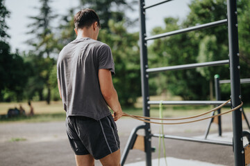 Wall Mural - Man performing calisthenics workout with resistance bands in the park, showcasing outdoor fitness and exercise routine.