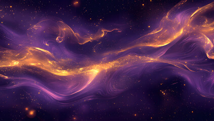 A purple and gold galaxy background, with swirling fluid shapes and glowing stars.
