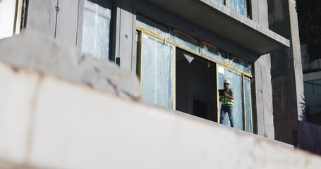 Poster - Walking, engineer and man with tablet, site and inspection of balcony, planning and person in construction. Architecture, digital and ideas for design, renovation and maintenance of building with app