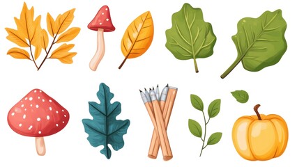 Poster - A set of leafy plants and a mushroom are shown in a colorful, artistic style