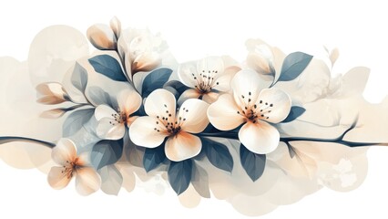 Poster - A painting of a branch with white flowers and blue leaves