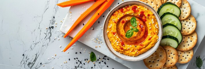 Sticker - Hummus Dip Made with Paprika and Capsicum, Appearing Like Orange Pumpkin Puree, Accompanied by Delicate Sesame Seed Crackers and Long Strips of Carrot and Cucumber on a Marble Serving Board