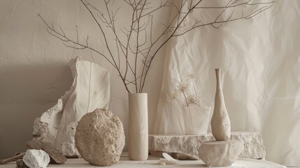 Poster - Abstract display with eco elements on neutral backdrop. Concept of wabi sabi and serenity.