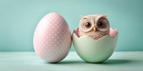 Pastel egg cracking open to reveal a cute owl inside , Easter, spring, animal, surprise, colorful, whimsical, decoration