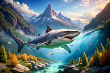 Great White Shark Leaping from Water in Mountainous Landscape