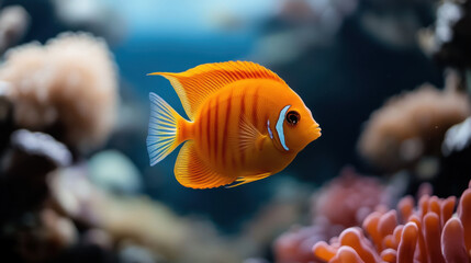 Wall Mural - A striking orange angelfish swimming amidst coral and anemones in a vibrant tropical reef, showcasing its vivid colors.