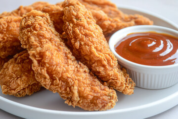 Wall Mural - A plate of crispy fried chicken tenders served with a side of dipping sauce.