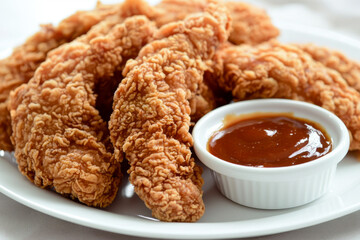 Wall Mural - A plate of crispy fried chicken tenders served with a small bowl of dipping sauce.