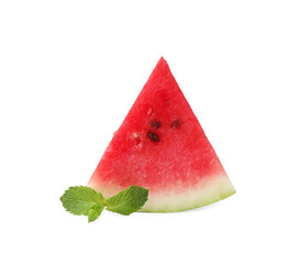 Wall Mural - Fresh watermelon slice with mint leaves isolated on white