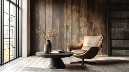 Wall Mural - Modern Living Room with Brown Leather Chair, Wooden Wall and Coffee Table