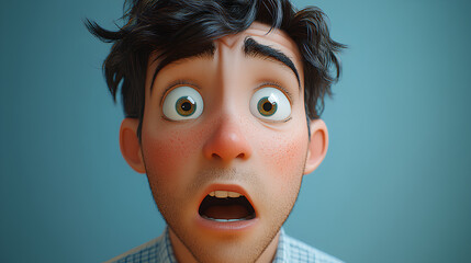 Wall Mural - Shocked scared amazed cartoon character adult man male guy person portrait in 3d style design on light background. Human people feelings expression concept