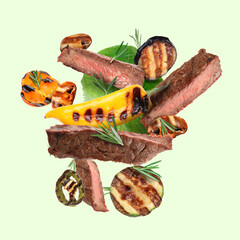 Wall Mural - Grilled meat, vegetables and mushrooms in air on light green background