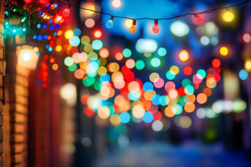 A vibrant display of colorful bokeh lights illuminating a festive street scene at night.