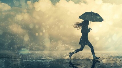 photo of a businesswoman running with an umbrella. mixed media.