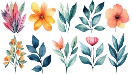 Poster - A set of watercolor flowers and leaves