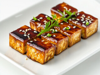 Wall Mural - A plate of meat with sesame seeds on top. The meat is cut into small pieces and is served on a white plate