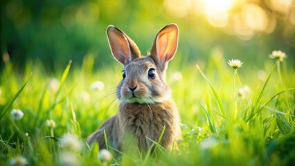 Background of a cute rabbit in a lush green field, cute, rabbit, bunny, background, texture, grass, nature, forest, animal, wildlife