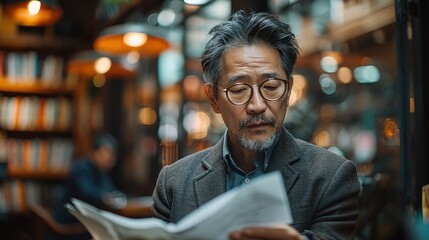 A man is reading a book in a library