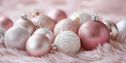 Sticker - Christmas ornaments in soft pink and white, generative AI