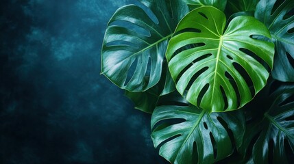 Wall Mural - Large tropical monstera leaves with a dark blue background.